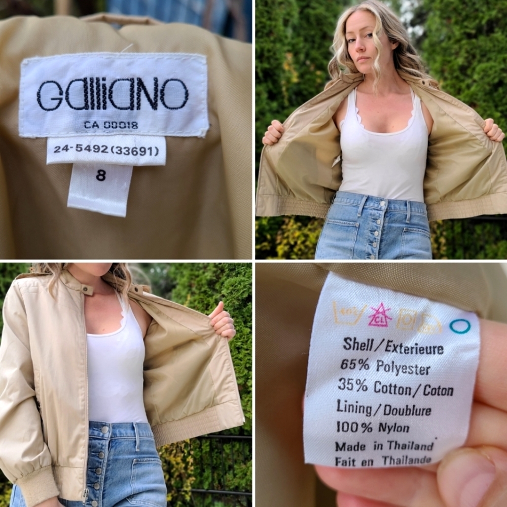 Vintage 80s Mod Tan Jacket w/ Shoulder Straps Cool Stitching Mock Neck Bomber S - Picture 14 of 14